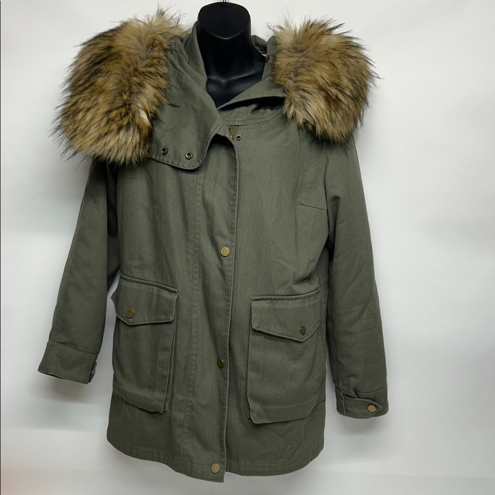Olive Parka with Faux Fur Trim Nikki jones small green military